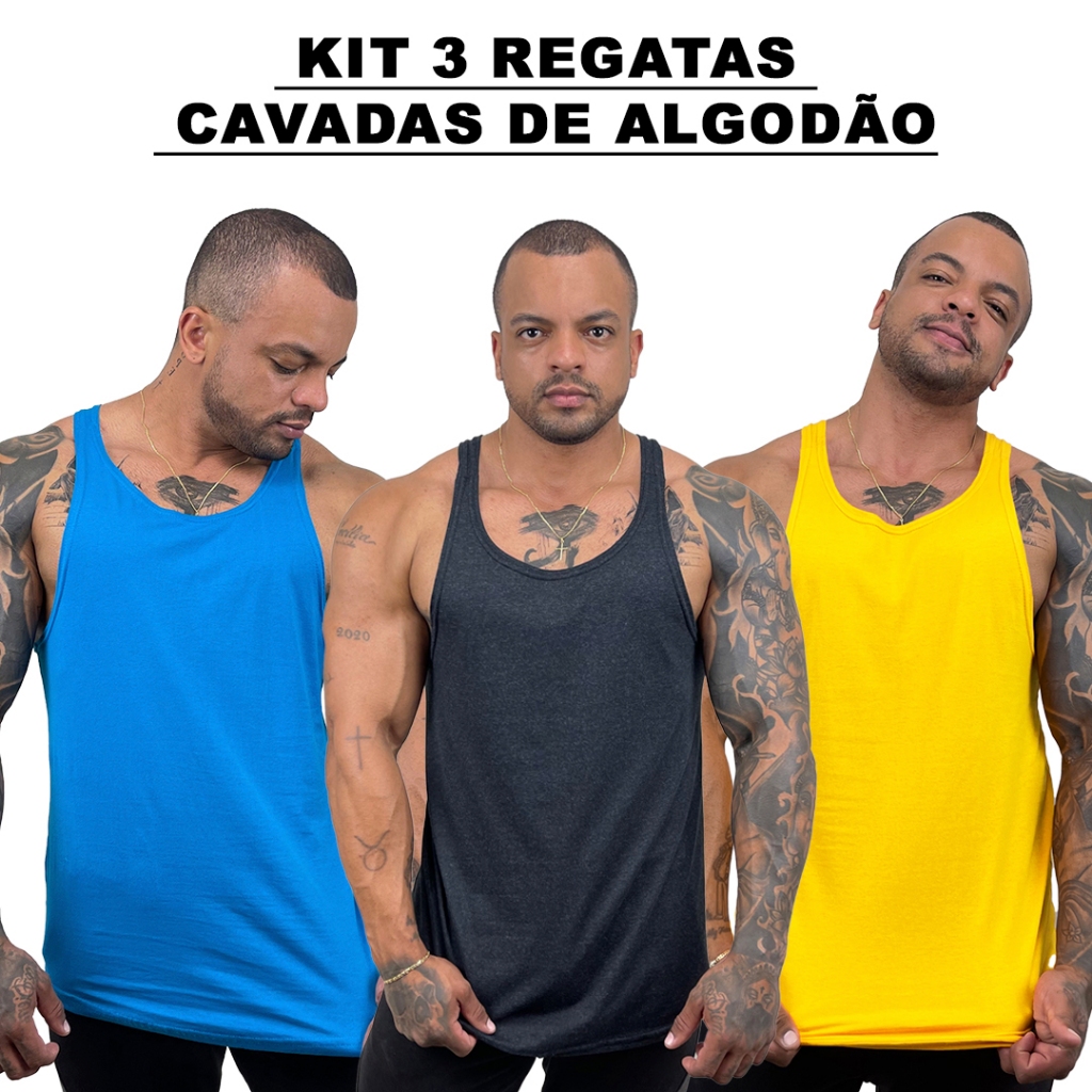 Kit 3 Regatas Masculina Cavadas Azul Turquesa + Grafite + Cores Nadador Algodão Lisa Básica Bombey
