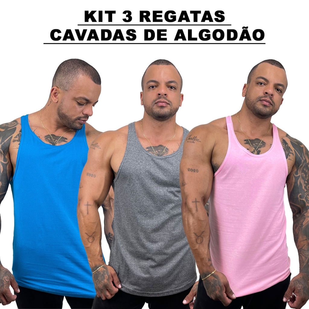 Kit 3 Regatas Masculina Cavadas Azul Turquesa + Cinza + Cores Nadador Algodão Lisa Básica Bombey