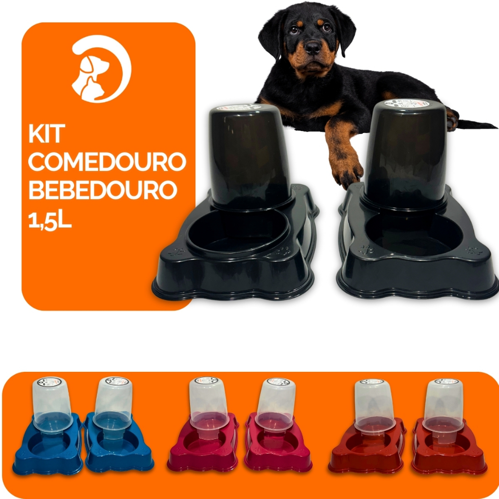 Kit 2 Comedouro Bebedouro Dupla Função Dispenser Dosador Ração Água 1,5 Litros Cães Gatos