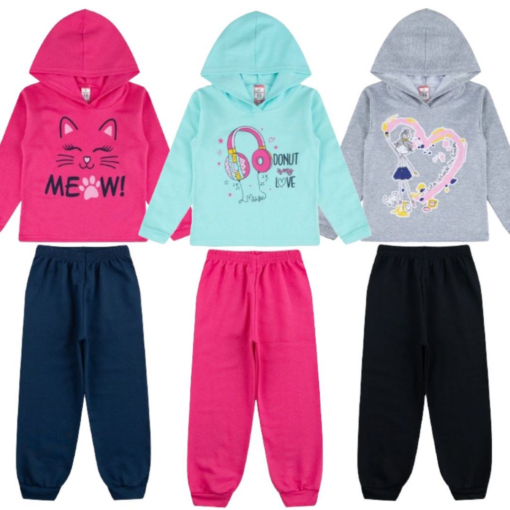 Kit 3 Conjuntos Moletom Infantil Algodão Feminino com Capuz 6 Peças Sortidas Tamanho 1 ao 14