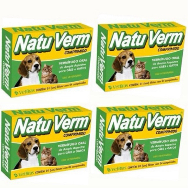 kit C/4 Natu Verm Vermífugo Para Caes e Gatos 4 Comprimidos Remédio de Vermes