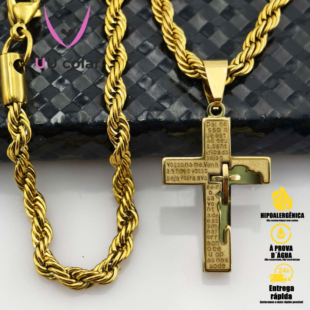 Corrente e Pulseira Longas Masculinas com Crucifixo, Pingente de Cruz e Oração "Pai Nosso" - Banhado a Dourado e Prata, Cordão de Aço Inoxidável 316L 18K em Oferta na Shopee