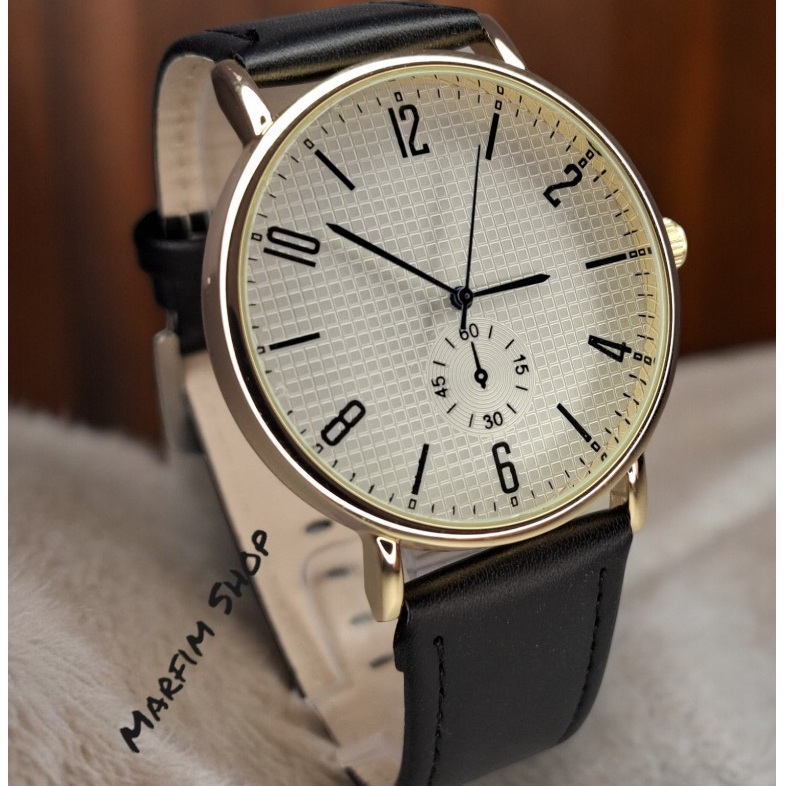 Relógio Masculino Social Elegante Pulseira de Couro Preto Mostrador Branco Caixa Dourada em Oferta na Shopee