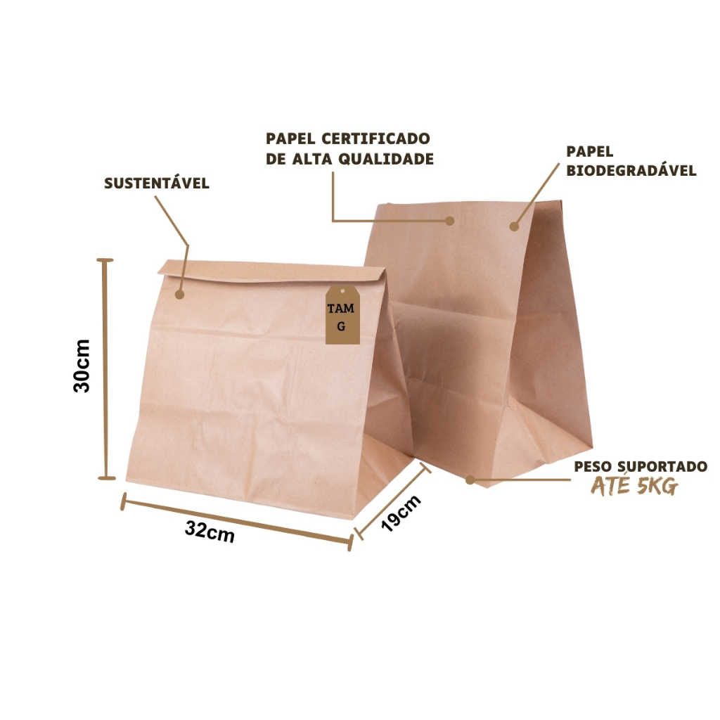 Kit Saco De Papel Tamanho G 30x32x19 Cm Kraft Lisa Na Cor Pardo - Para Delivery Food Presente Entrega em Oferta na Shopee