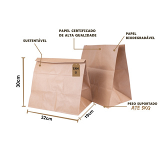 Kit Saco De Papel Tamanho G 30x32x19 Cm Kraft Lisa Na Cor Pardo - Para Delivery Food Presente Entrega em Oferta na Shopee