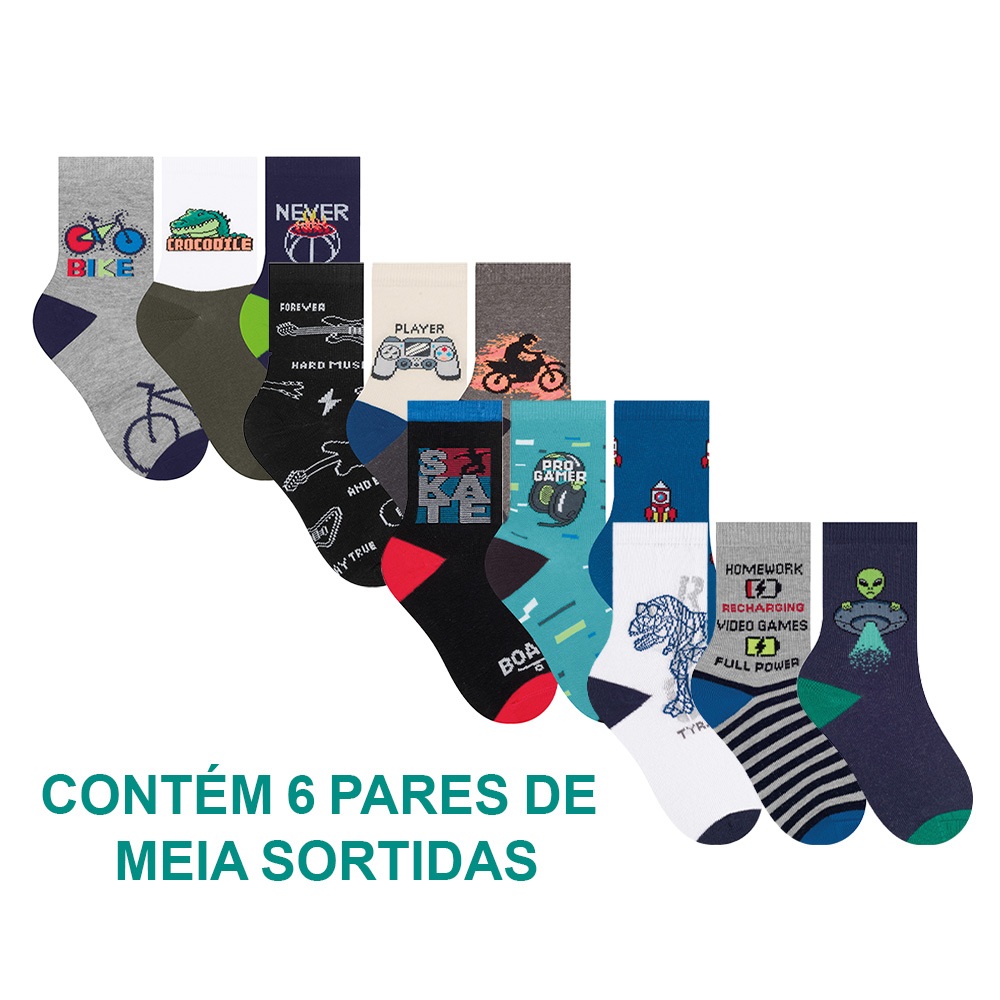 Kit Com 6 Pares De Meias Infantil Selene Estampadas Para Meninos e Meninas Calcanhar Verdadeiro em Oferta na Shopee