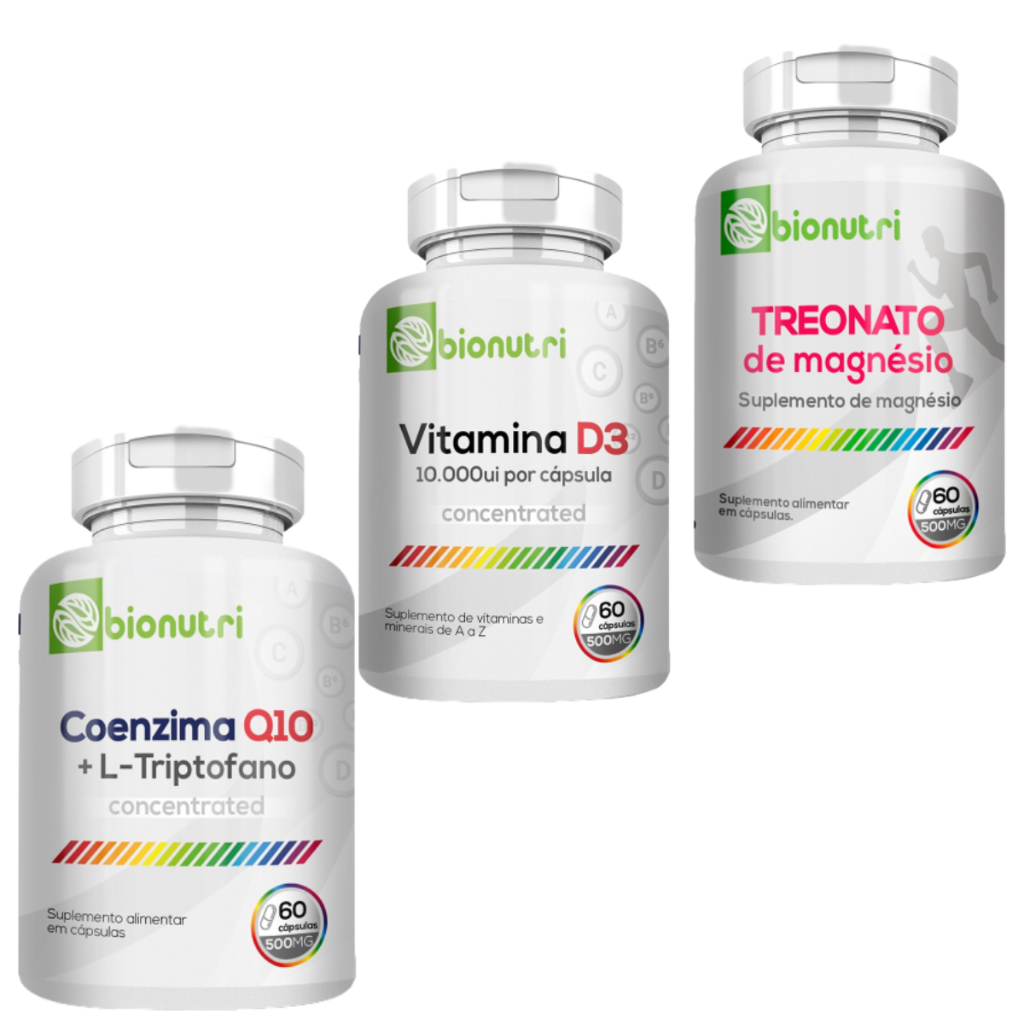 Kit 3 Coenzima Q10 + Magnésio Treonato + Vitamina D3 Suplemento 60 Cápsulas Bionutri