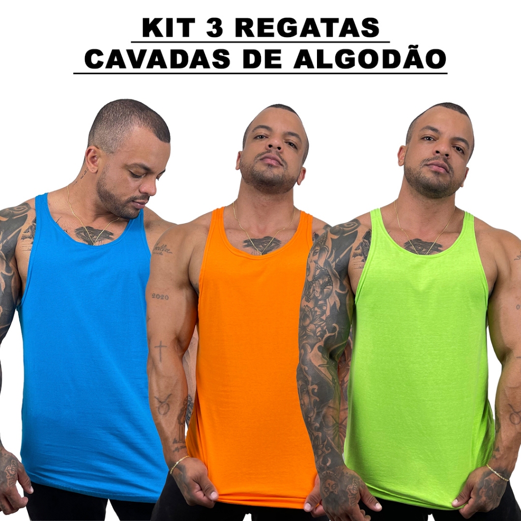 Kit 3 Regatas Masculina Cavadas Azul Turquesa + Laranja + Cores Nadador Algodão Lisa Básica Bombey