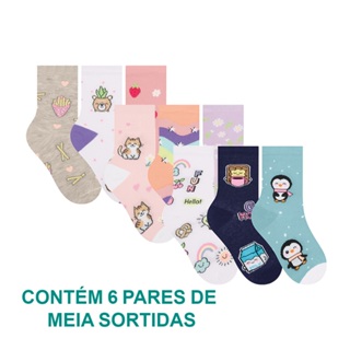 Kit 6 Pares De Meias Menino Menina Infantil Selene Calcanhar Verdadeiro Estampada em Oferta na Shopee