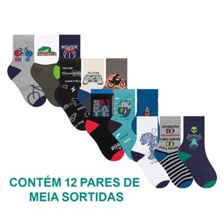 Kit 12 Pares De Meias Menino Menina Infantil Selene Calcanhar Verdadeiro Estampada em Oferta na Shopee