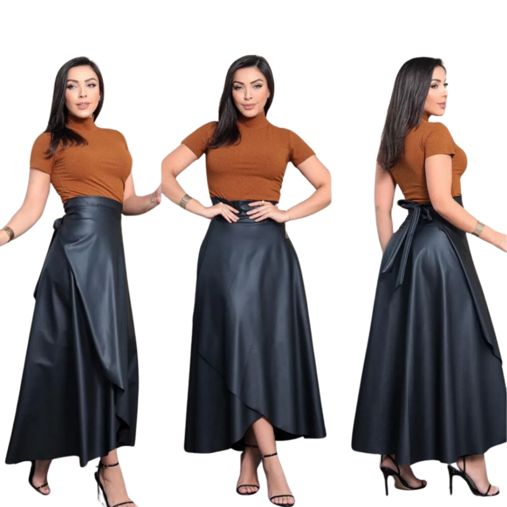 Saia Envelope Couro Ecológico Courino Preta Saia Feminina Midi Tamanho Único Transpassada Cintura Ajustável Moda Inverno