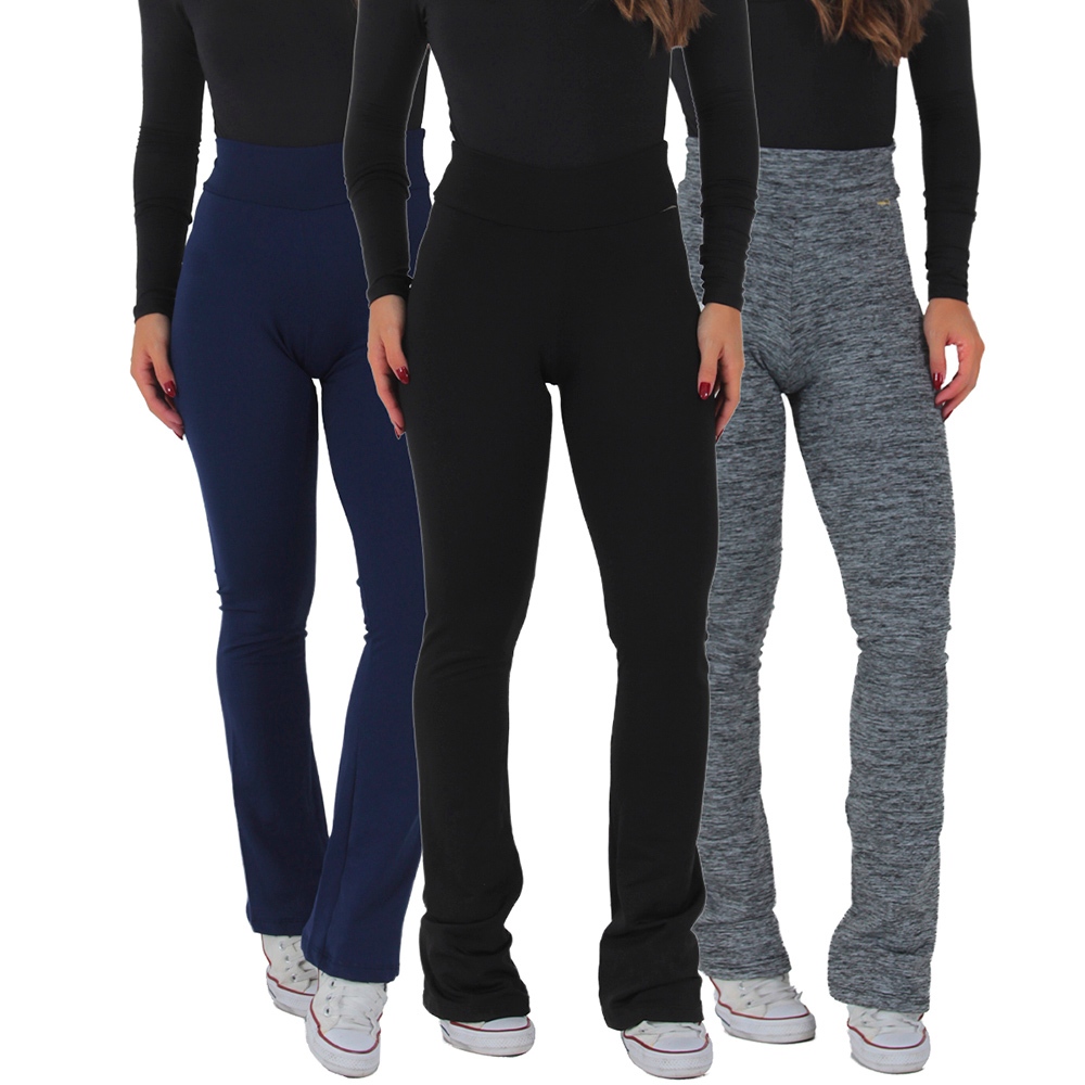 Kit 3 Legging Feminina Flare Longa Cintura Alta Esportiva