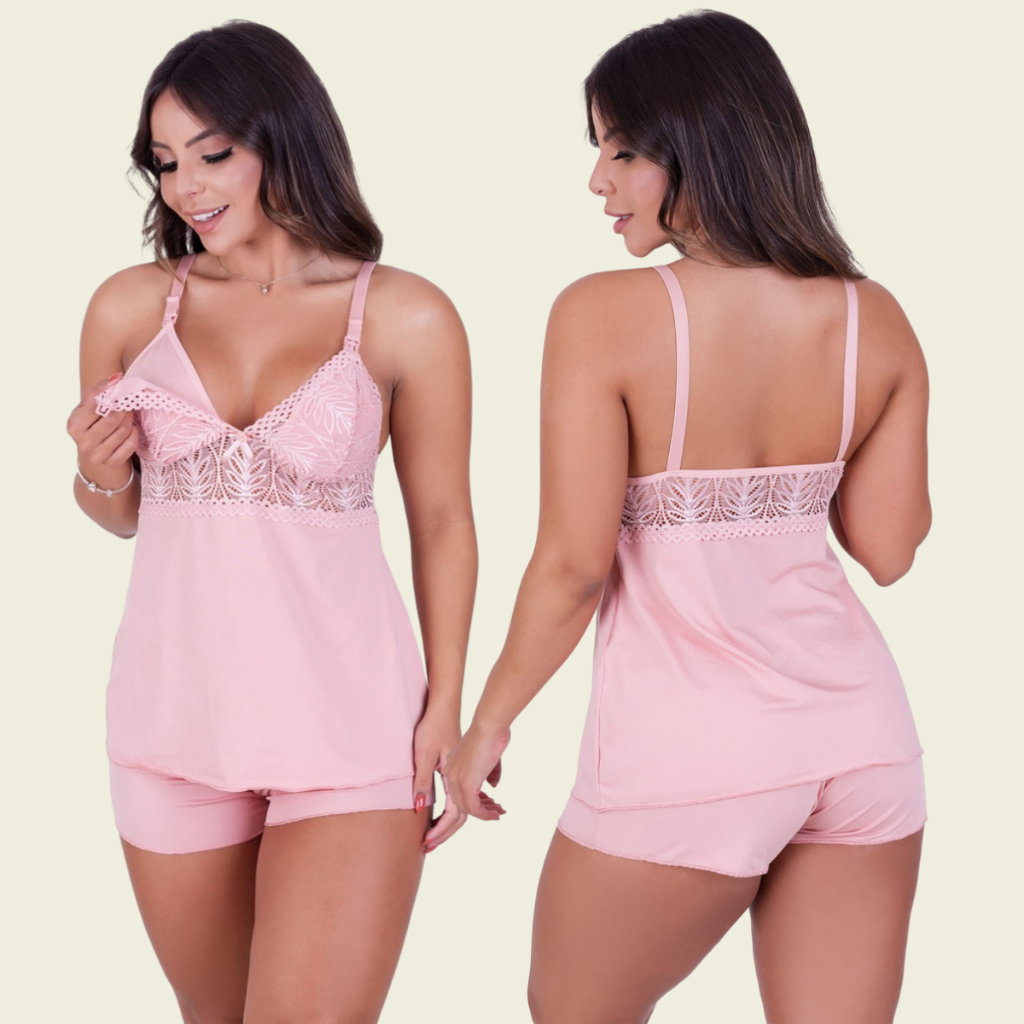 Baby Doll Pijama Gestante Amamentação Detalhe em Renda Grávida em Oferta na Shopee