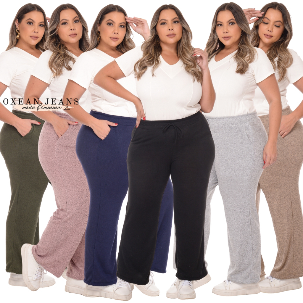 Calça Pantalona Plus Size Feminina Lanzinha Com Bolso Cintura Alta