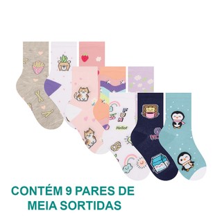 Kit Com 9 Pares De Meias Estampada Infantil Calcanhar Verdadeiro Para Menino e Menina Selene Original