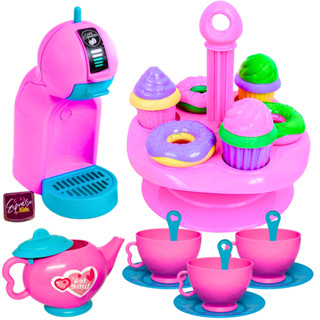 Kit Chá da tarde Brinquedo Infantil com Cafeteira e Cápsula Porta Bolos Xicara Pratinho Co...