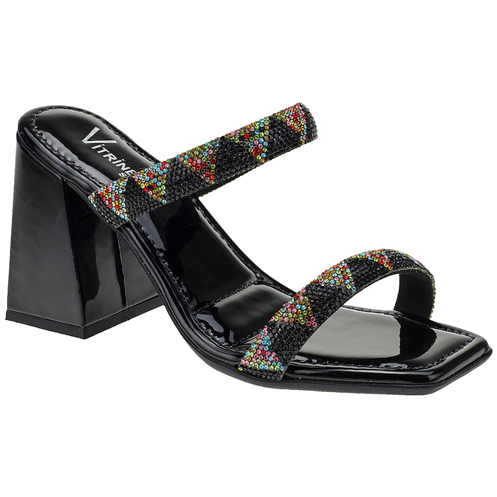 Tamanco Feminino Salto Alto Verniz com Tira Strass Colorido Acolchoado em Oferta na Shopee