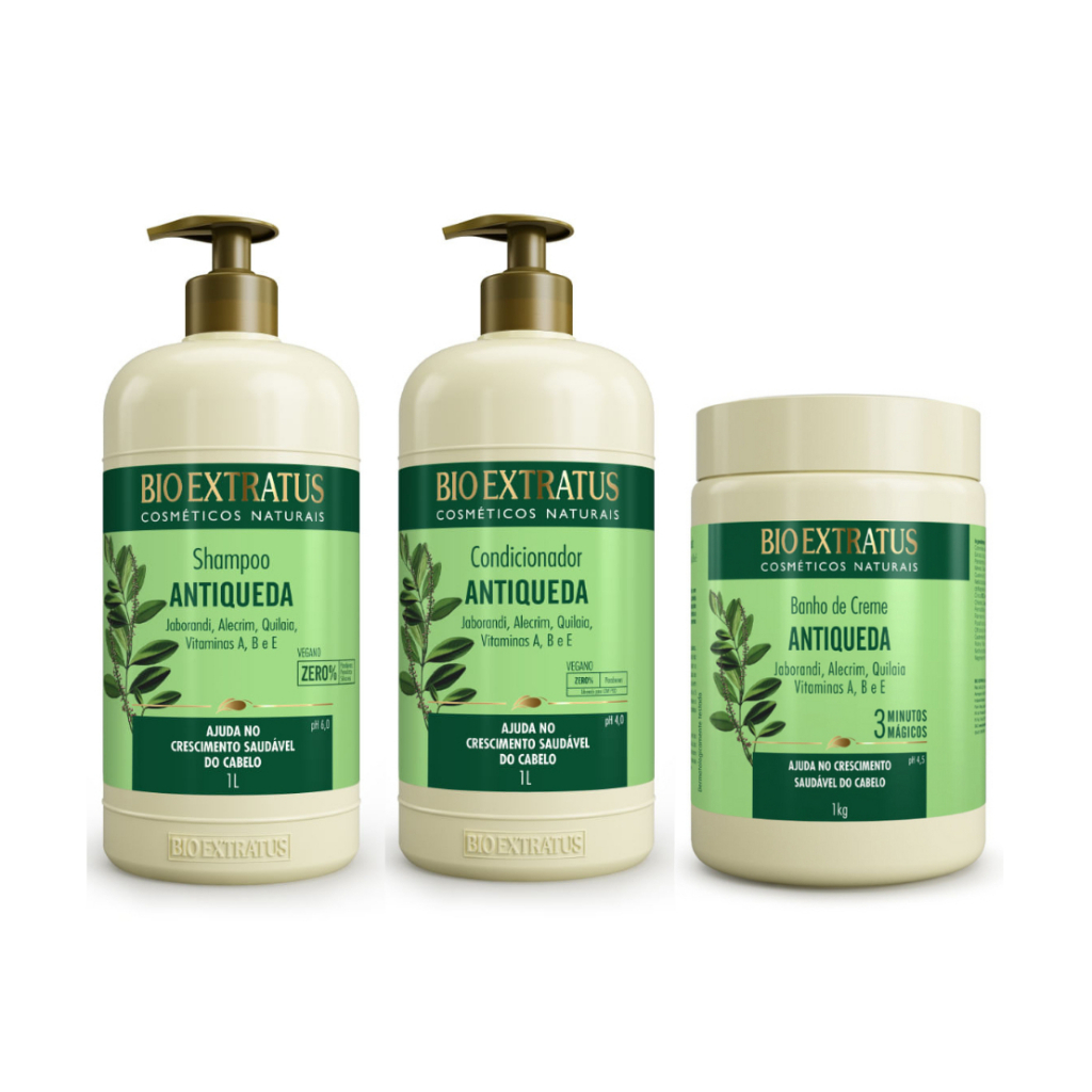 Kit Jaborandi Bio Extratus Shampoo, Condicionador e Banho de Creme - 1L Antiqueda e Crescimento
