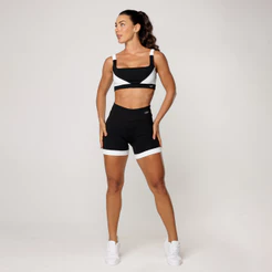 Conjunto Feminino Academia Top Preto com Recorte Branco Short Fitness Elevate