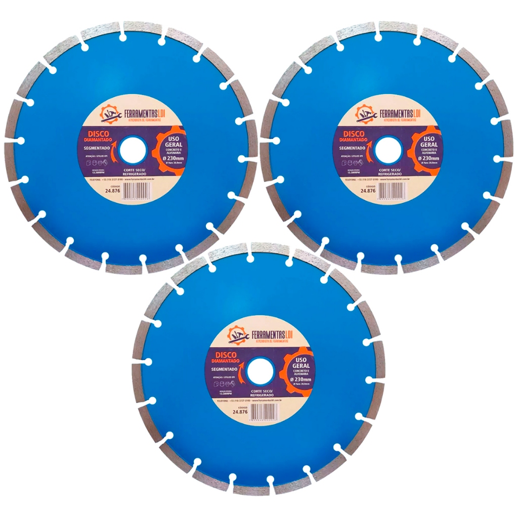 Kit 3 Disco de Corte Diamantado Segmentado 9 Polegadas (230mm) Ferramentas LDI