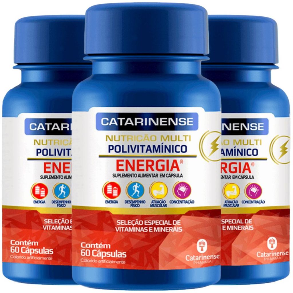 Kit 3 Polivitamínico Multi Energia C/ 13 Nutrientes + Cafeína 60 Cáps - Catarinense Pharma
