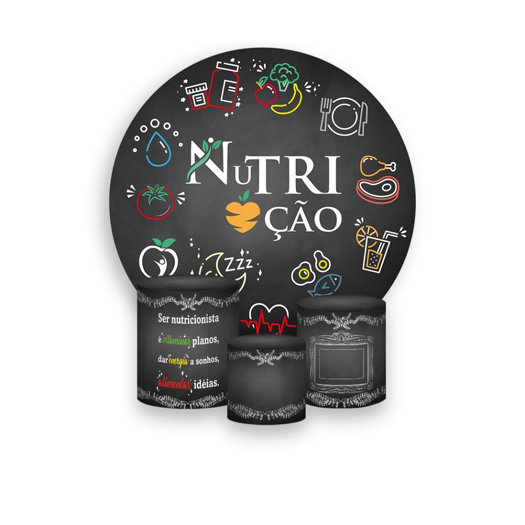 Painel De Festa Redondo + Trio De Capa Cilindro - Profissão Nutrição Chalkboard 012