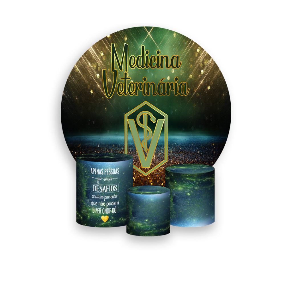 Painel De Festa Redondo + Trio De Capa Cilindro - Profissão Medicina Veterinária Verde e Dourado 014