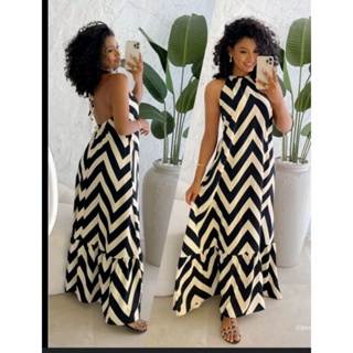 Vestido longo feminino com bojo frente unico Listrado costa nua Tendência zig zag em Oferta na Shopee