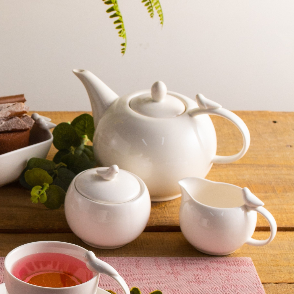 Conjunto De 3 Peças Em Porcelana Para Café Chá Birds Branco Bule Leiteira e Açucareiro