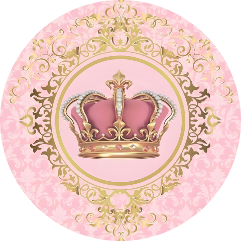 Painel Festa Infantil Redondo Linda Coroa Rosa Realeza, Moldura Redonda Dourada + Arco, Suporte incluso. Fazemos personalizado com qualquer tema. Confeccionado em Lona fosca, impressão de alta resolução. cenário Circular p/ Decoração