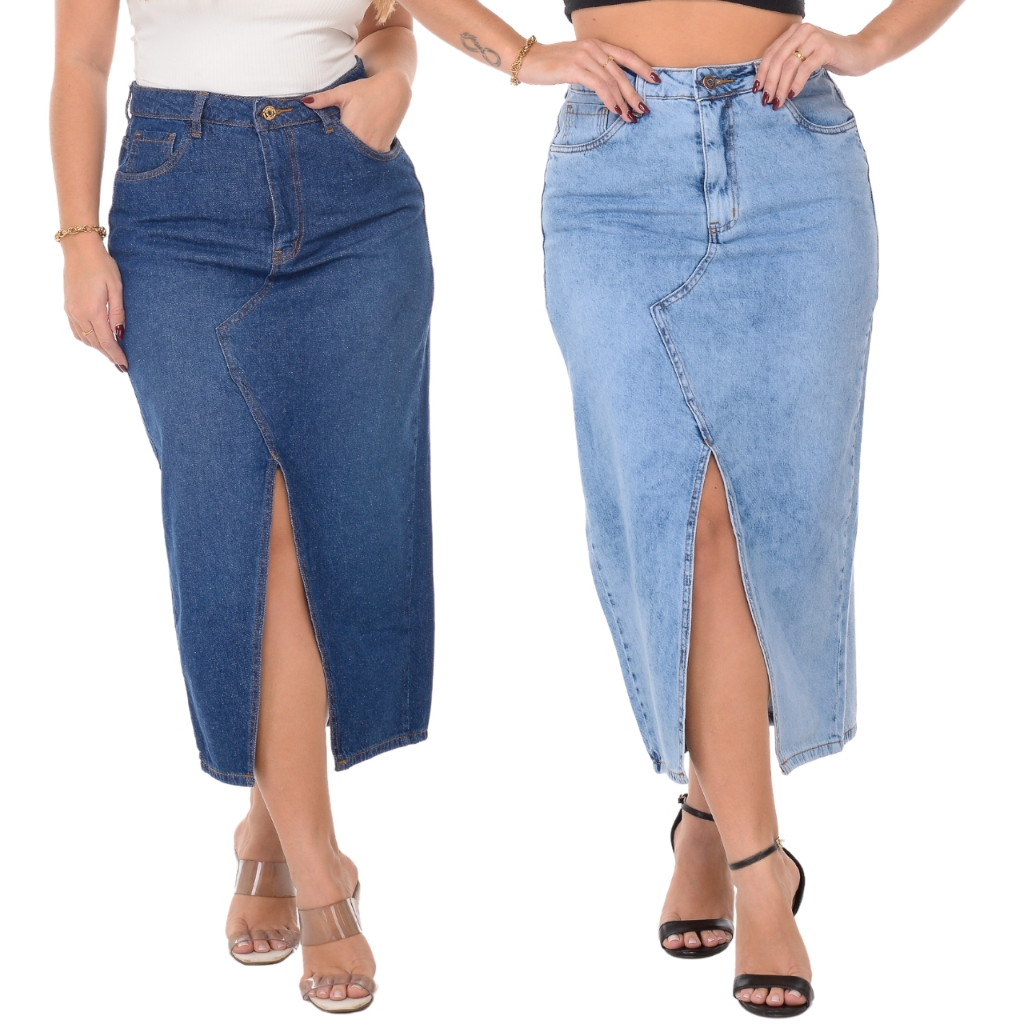 Saia Jeans Feminina Longa Cintura Alta Evangélica Midi Fenda Frontal