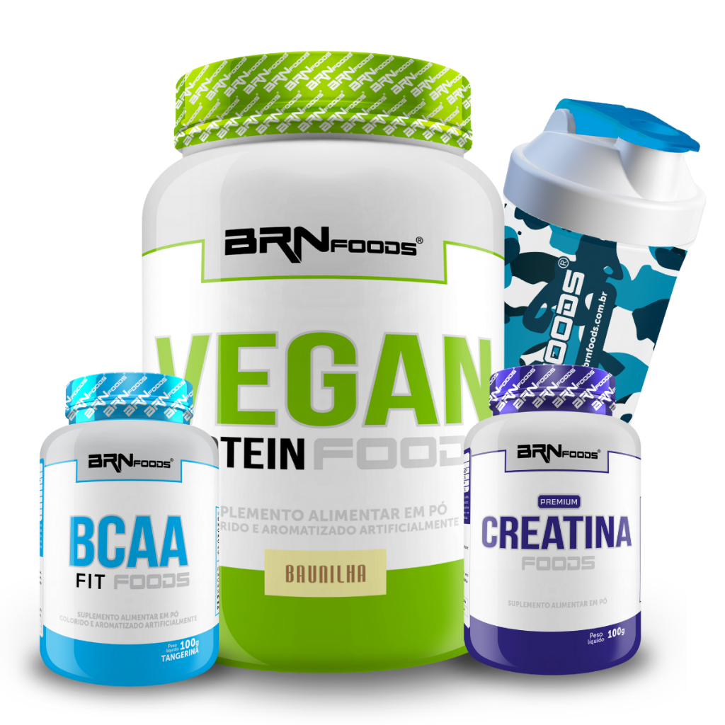 Kit Proteína Vegana Vegan Protein 500g + Creatina Premium 100g + BCAA Fit 100g + Coq - BRNFOODS - Health