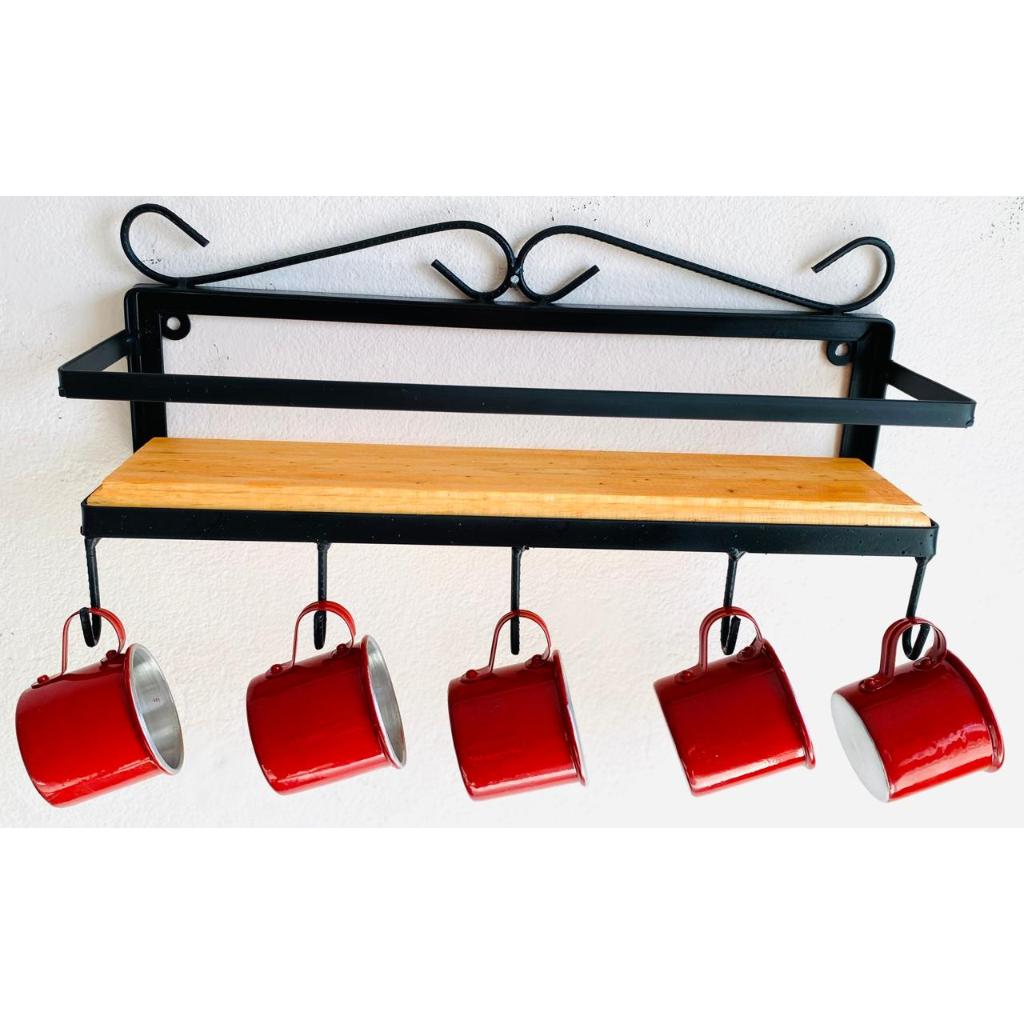 Porta Canecas Artesanal Ferro e Madeira Com Ganchos