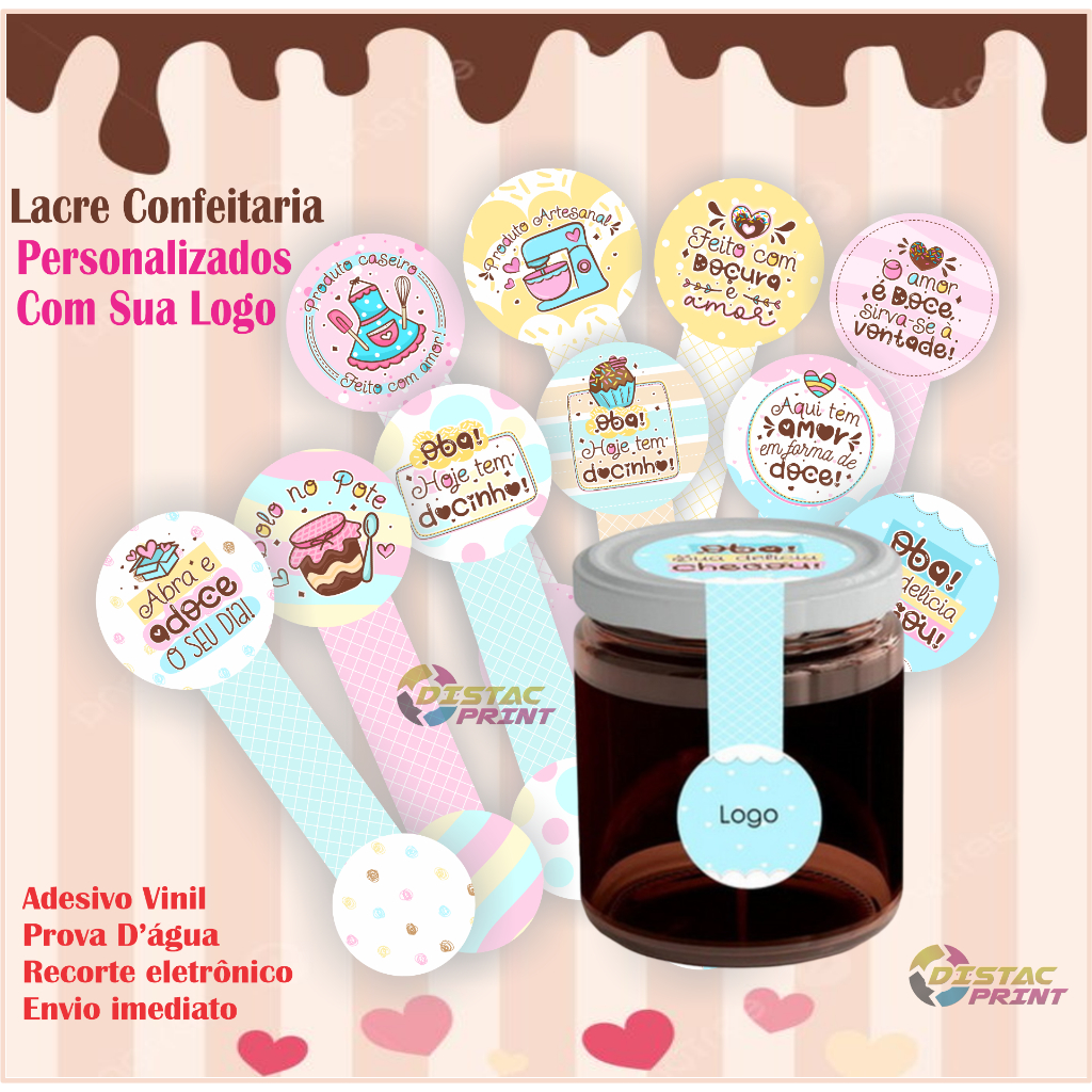 Kit 100 Etiquetas Adesivas Lacre Docinho COM SUA LOGO Confeitaria Bolo de Pote Lacre Segurança