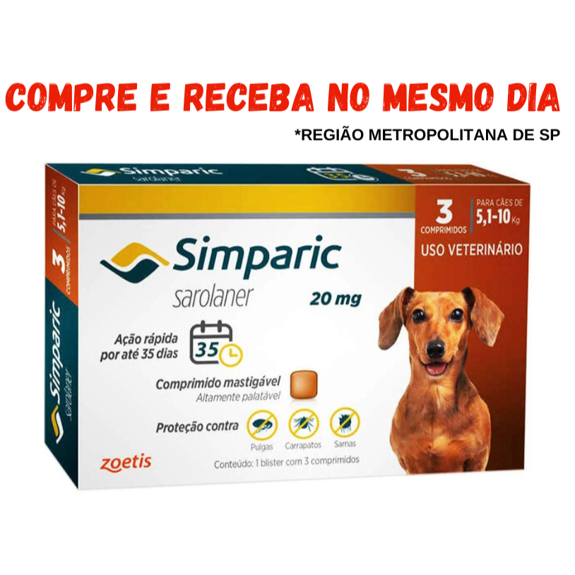Antipulgas Zoetis Simparic 20 mg para Cães 5,1 a 10 Kg Caixa Com 3 Comprimidos