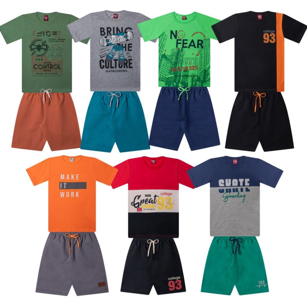 Kit Sortido 8 Peças Conjuntos 4 Camisetas Manga Curta + 4 Bermudas Menino Infantil