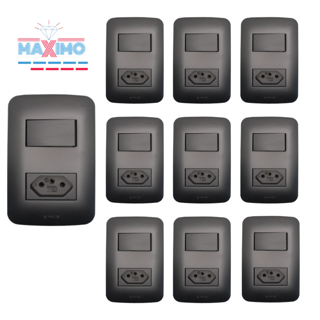 Kit 10 Interruptores Com Tomada Canoa Preto - Romazi em Oferta na Shopee