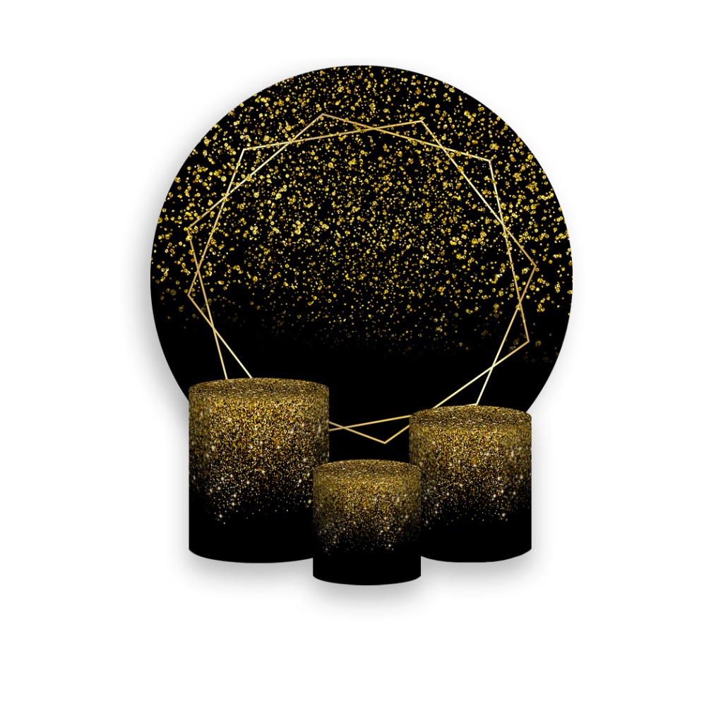 Painel De Festa Redondo + Trio De Capas Cilindro - Efeito Geometrico com Glitter Dourado 097