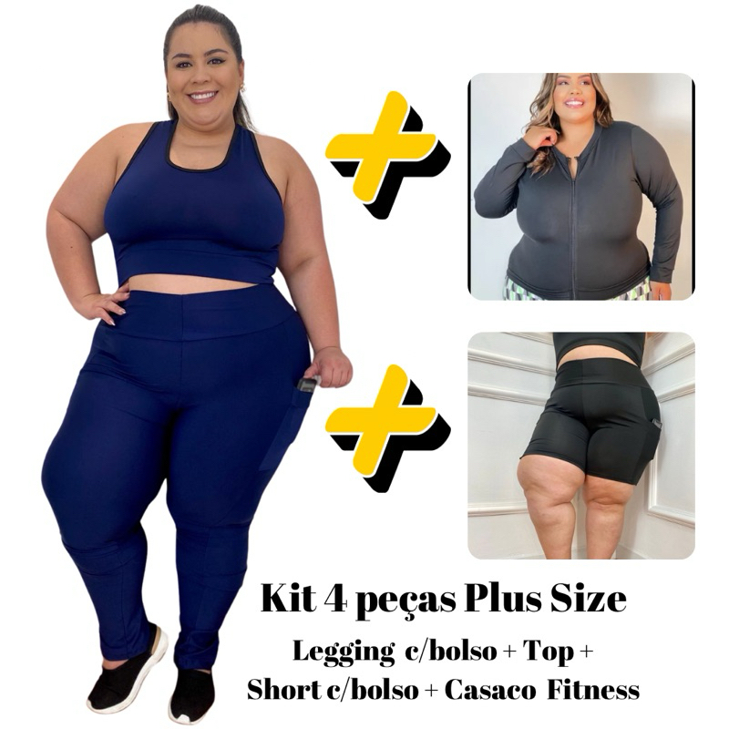 Kit 4 Peças Fitness Plus Size Top - Jaqueta - Calça legging e Short Bolso 44 ao 54 Feminino curves