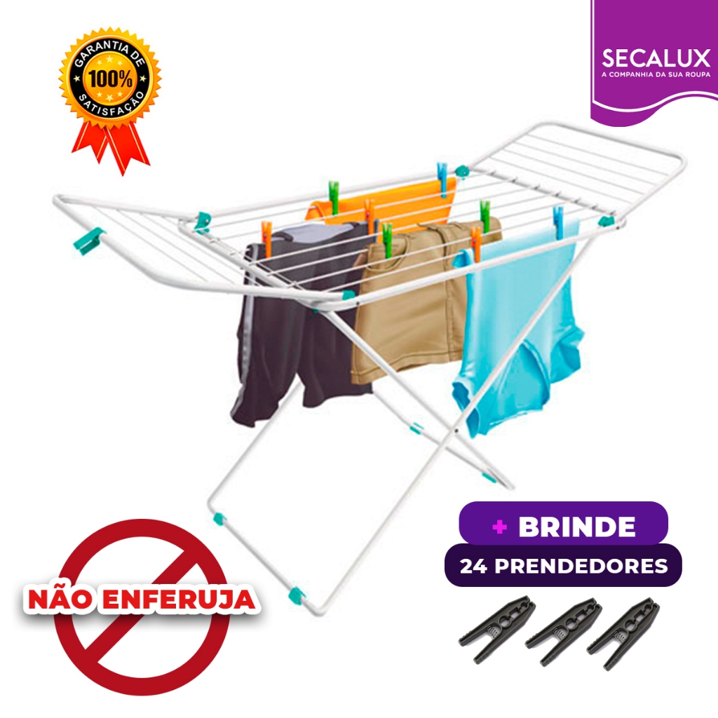 Varal de Chão Não Enferruja com Abas Reforçado Aço Dobrável Ravenna Secalux Aramado Preto ou Branco