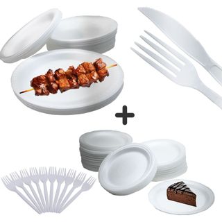 kit festas: 50 Pratos 23cm Kit Garfo E Faca Sachê + 50 Pratos Bolo C/ Garfinho - brancos