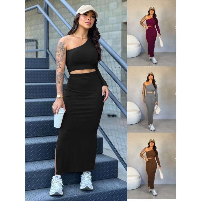 Conjunto Sara Feminino Cropped uma Manga Longa Saia Longa com Fenda Look Fashion e Super C...