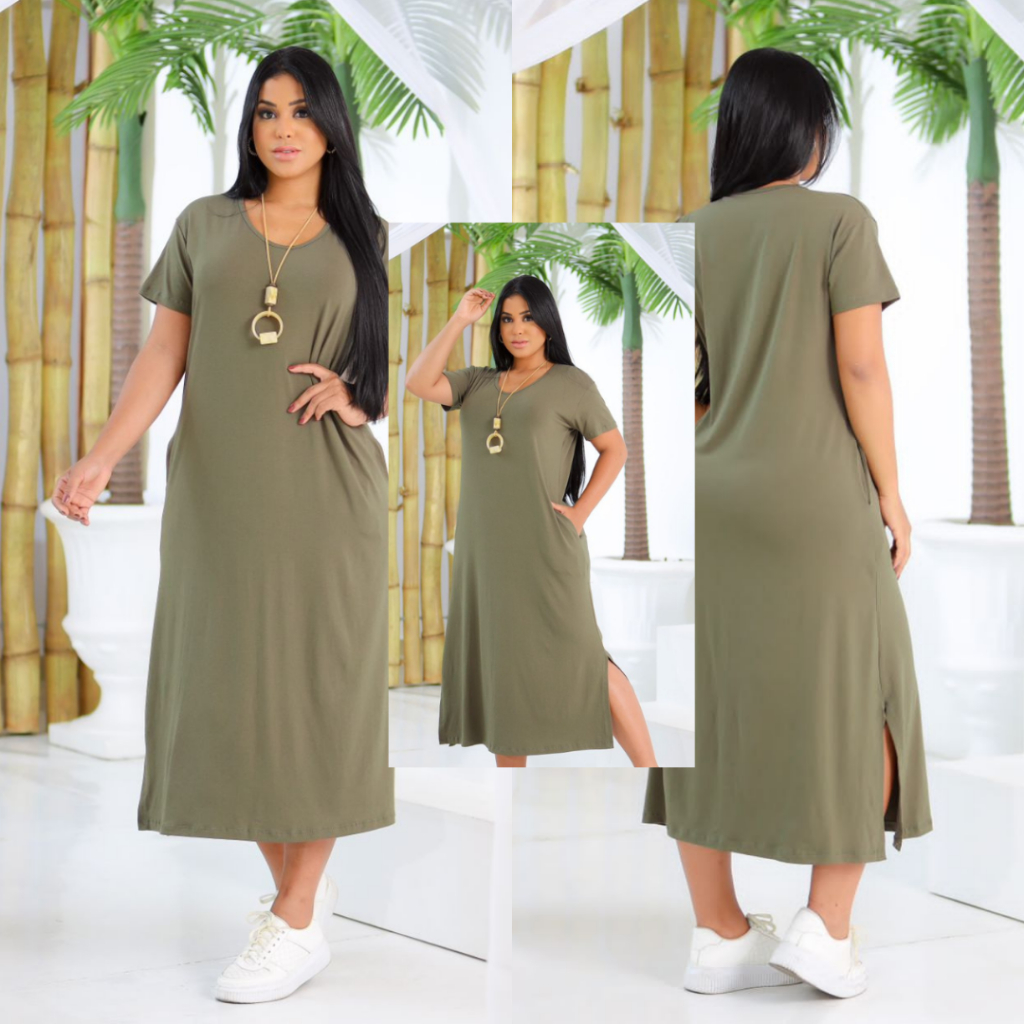 Vestido Midi Feminino Manga Curta Feminina Moda Verão Plus Size Lançamento Soltinho Vestido Feminino Longo 38 a 50 Bolso Max Lançamento