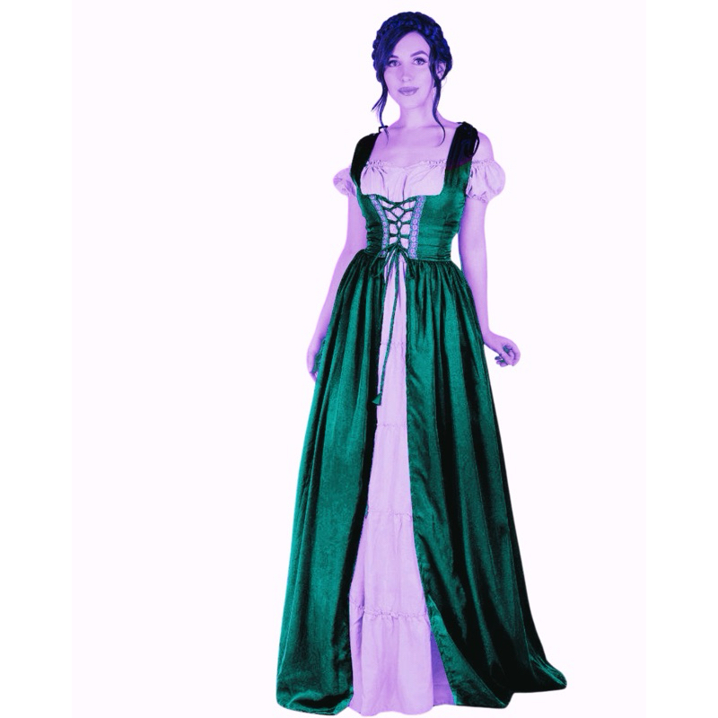 Vestido Medieval Irlandesa Mangas Curtas Luxo Verde e beje