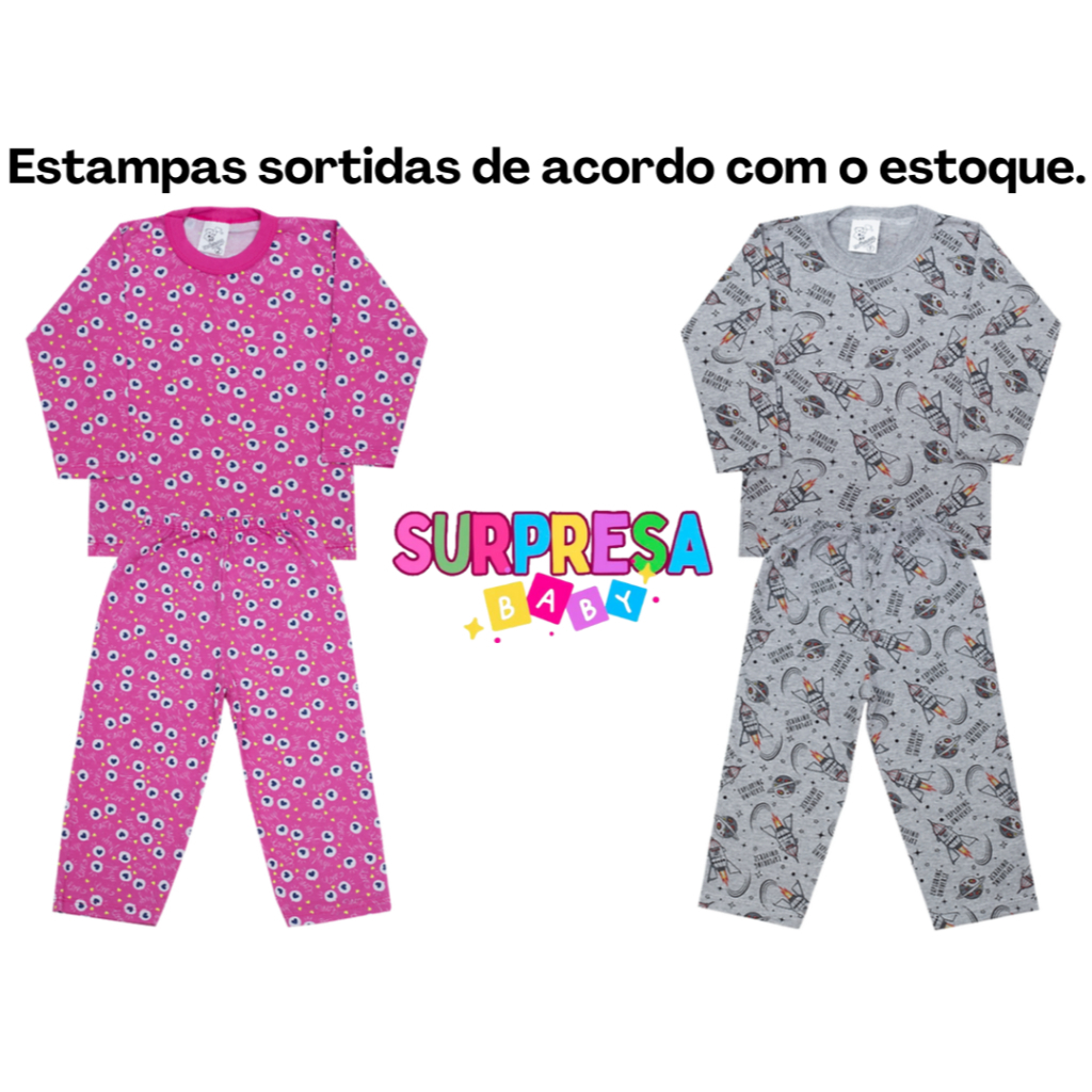 Pijama Estampado Manga Longa com Calça Infantil 1 a 14 Anos Mafessoni Menino e Menina Estampas Sortidas 200