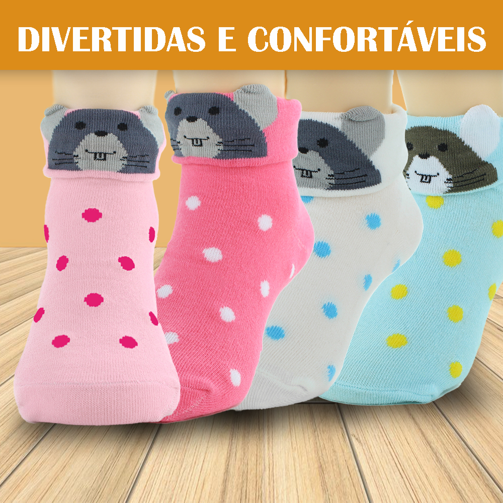 Meia infantil com estampa de bolinhas,cano dobrável com estampa de rato algodão WZ3088
