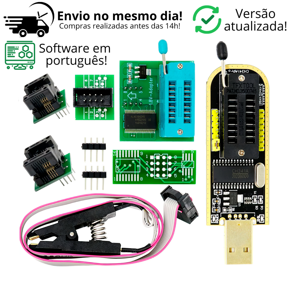 Gravadora de Chip Bios Eprom Series 24 25 CH341A Programador Adaptador SOIC 8 16 Pinça Garra Jacaré Gravador Regulador Voltagem 1.8v