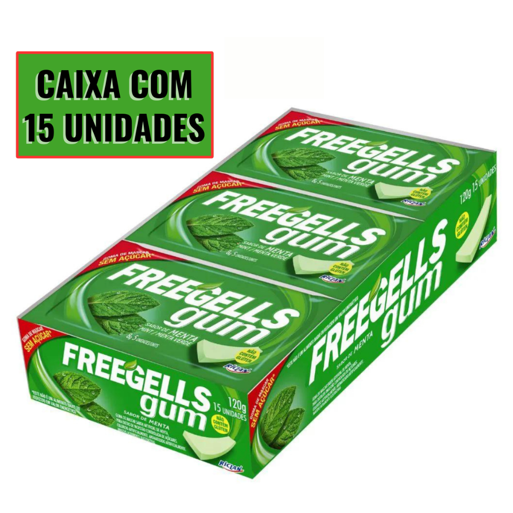 Chiclete Freegells Gum Menta Refrescante Goma de Mascar Caixa Com 15 Unidades 8g Sem Açúcar Riclan