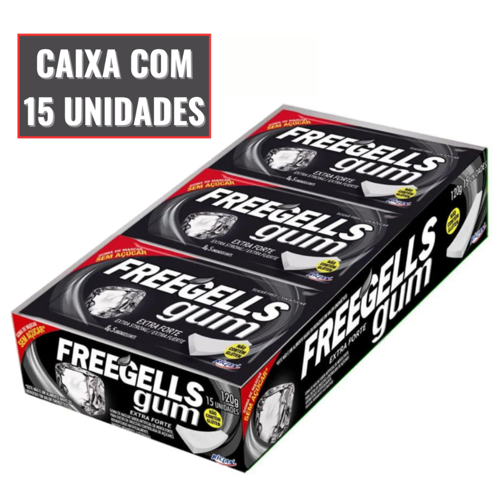 Chiclete Freegells Gum Extra Forte Refrescante Goma de Mascar Caixa C/ 15 Uni 8g Sem Açúcar Riclan