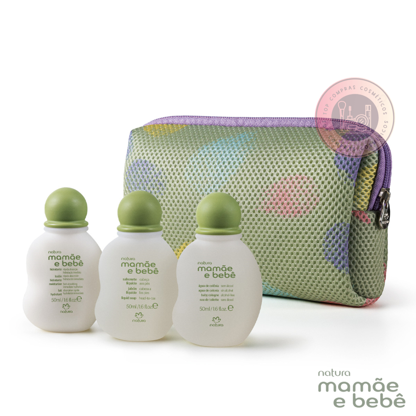 Kit Miniatura Mamãe e Bebê Natura: Sabonete Líquido, Loção Hidratante, Água de Colônia e Mini Nécessaire